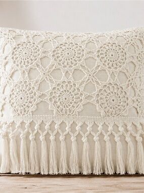 Ashland Crochet Fringe Accent Pillow Cover in White